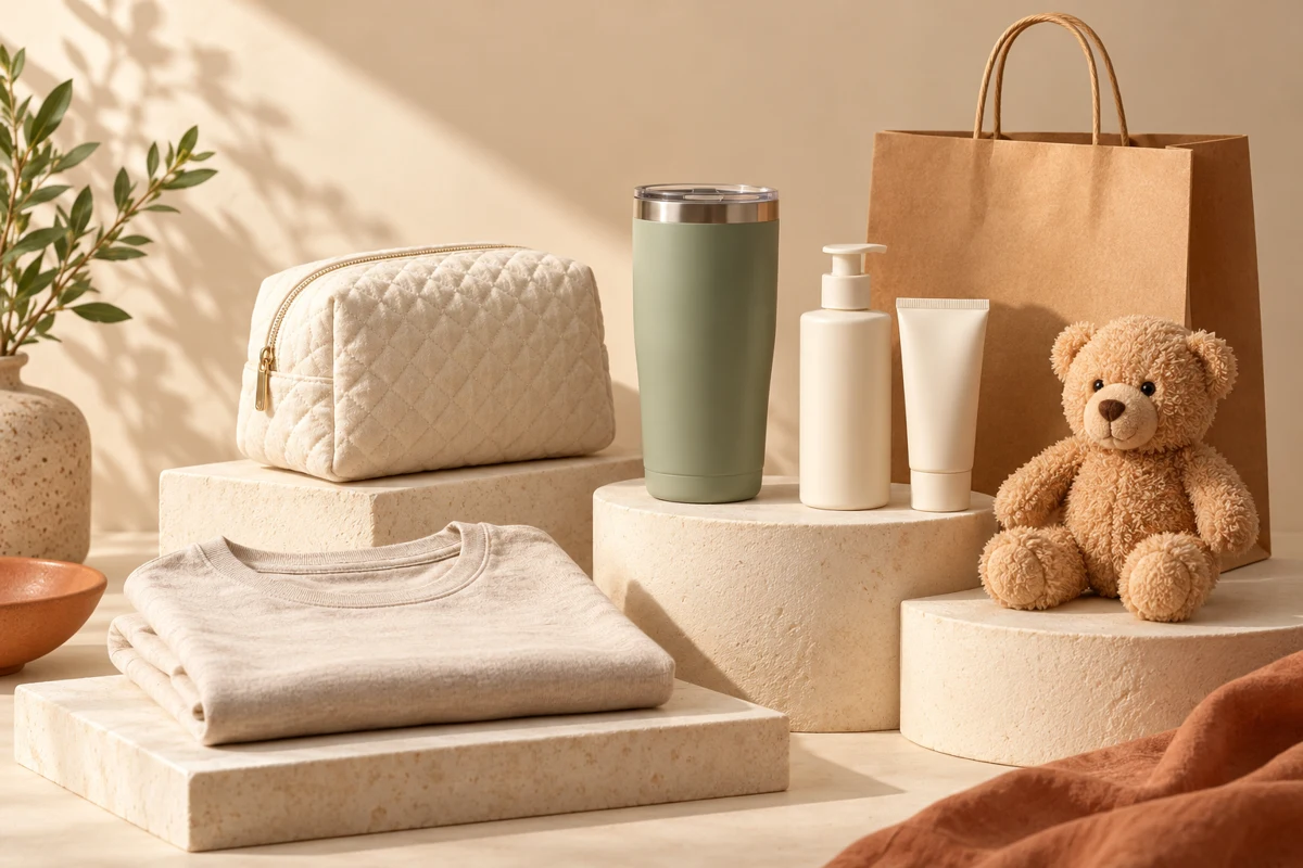 Illustrative lifestyle collection of a tote, travel tumbler, toiletries and everyday essentials